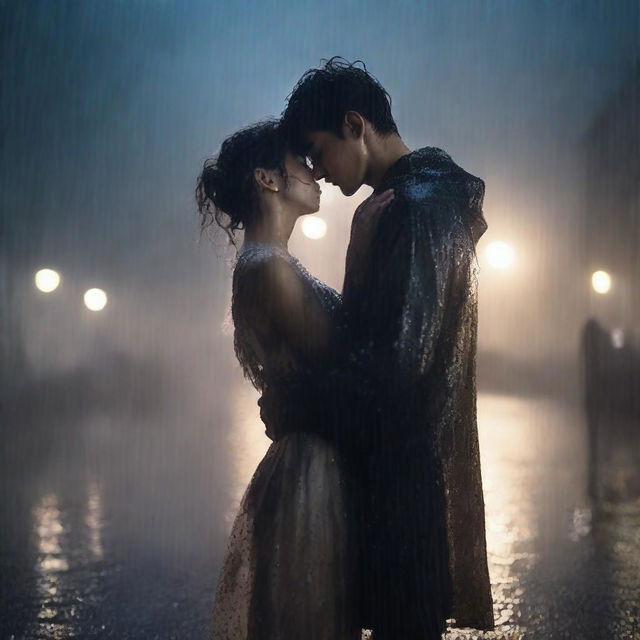 A dark romance scene of a young man giving a final kiss and hug to a shorter girl under heavy rain on a night