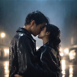 A dark romance scene of a young man giving a final kiss and hug to a shorter girl under heavy rain on a night