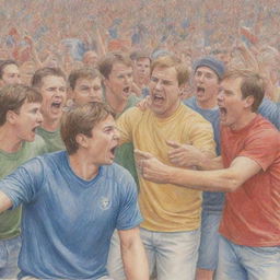 Transform the previous colored pencil sketch scene showing football fans arguing, now depicting them getting along well and celebrating together in unity.