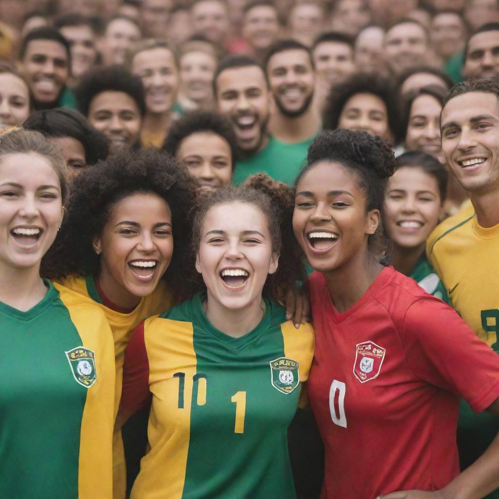 A diverse crowd of soccer team fans, wearing different team colors, happily interacting and building camaraderie