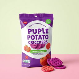 A product cover design for purple sweet potato crackers with an innovative soursop fruit flavor