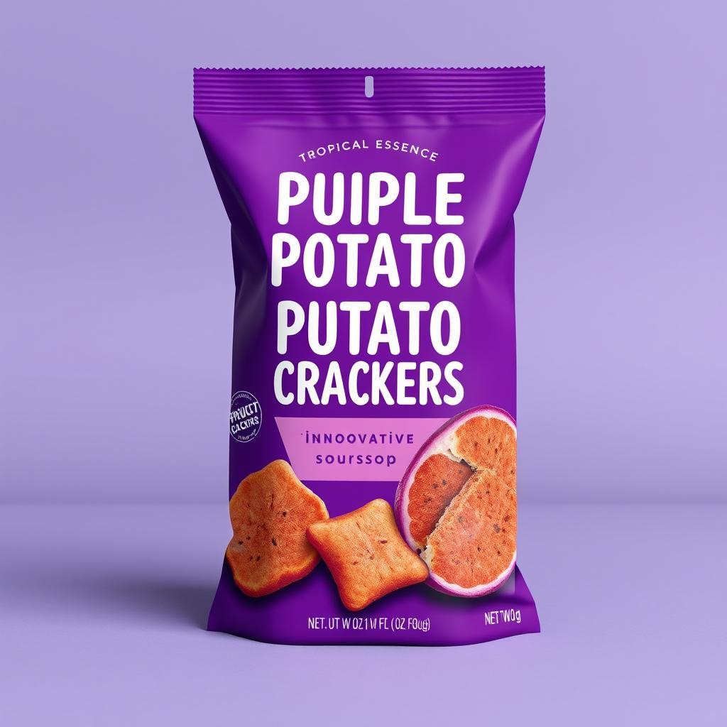 A product cover design for purple sweet potato crackers with an innovative soursop fruit flavor