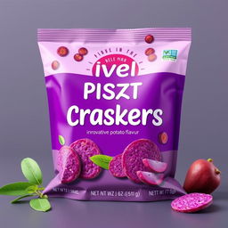 A product cover design for purple sweet potato crackers with an innovative soursop fruit flavor