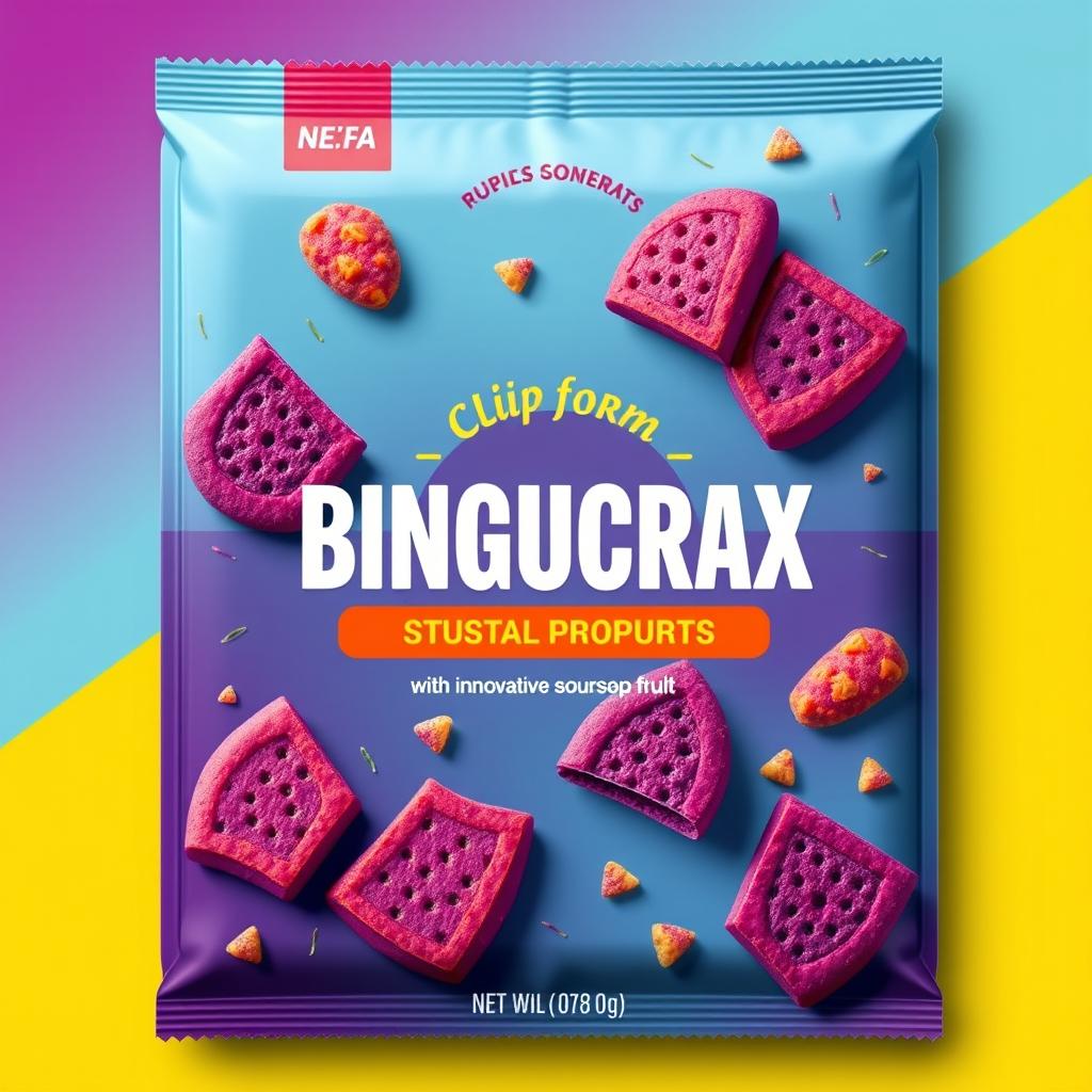 A visually captivating proposal cover design for a product featuring purple sweet potato crackers with an innovative soursop fruit flavor