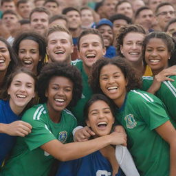 A diverse crowd of soccer team fans, wearing different team colors, happily interacting and building camaraderie