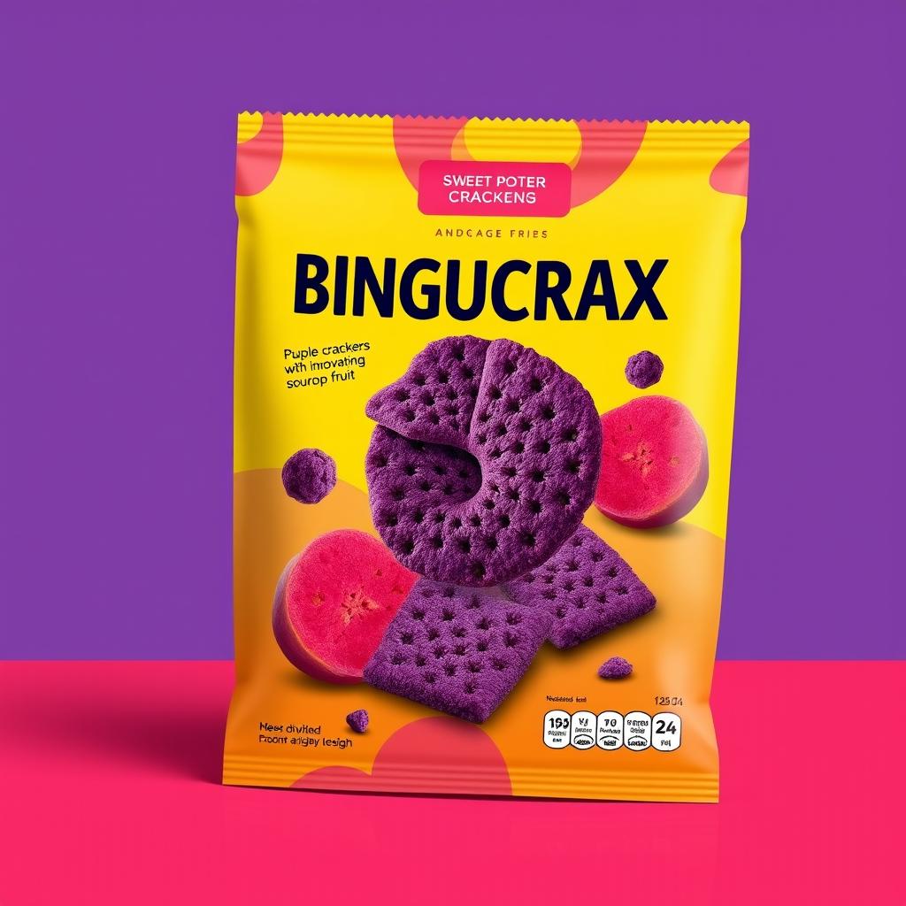 A visually captivating proposal cover design for a product featuring purple sweet potato crackers with an innovative soursop fruit flavor