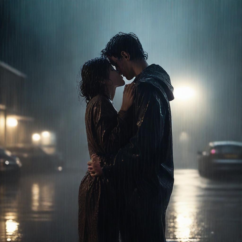 A dark romantic scene of a young man giving a final kiss and hug to a shorter woman under heavy rain on a night
