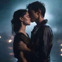 A dark romantic scene of a young man giving a final kiss and hug to a shorter woman under heavy rain on a night