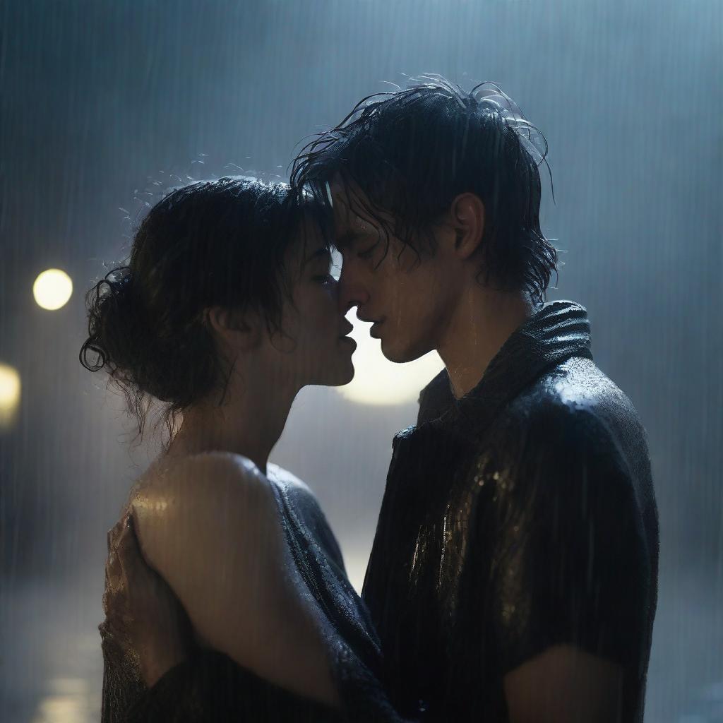 A dark romantic scene of a young man giving a final kiss and hug to a shorter woman under heavy rain on a night