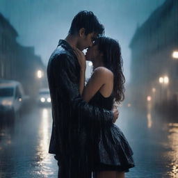 A dark romantic scene of a young man giving a final kiss and hug to a shorter woman under heavy rain on a night