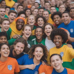 A diverse crowd of soccer team fans, wearing different team colors, happily interacting and building camaraderie