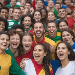 A diverse crowd of soccer team fans, wearing different team colors, happily interacting and building camaraderie