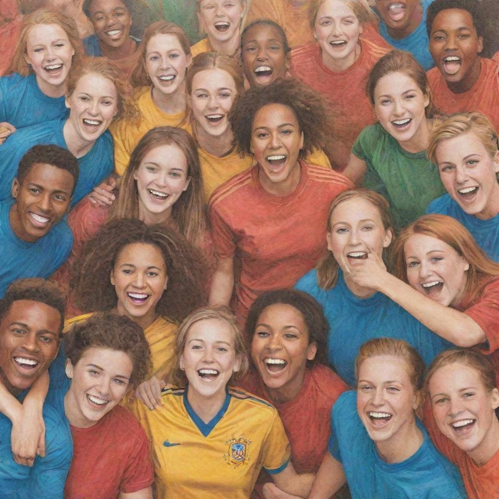 A diverse crowd of soccer team fans, wearing different team colors, happily interacting and building camaraderie, transformed into a vibrant pencil color drawing