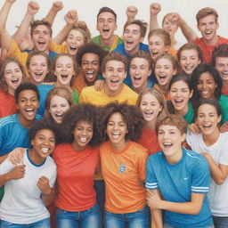 A diverse crowd of soccer team fans, wearing different team colors, happily interacting and building camaraderie, transformed into a vibrant pencil color drawing