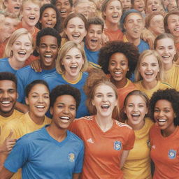 A diverse crowd of soccer team fans, wearing different team colors, happily interacting and building camaraderie, transformed into a vibrant pencil color drawing