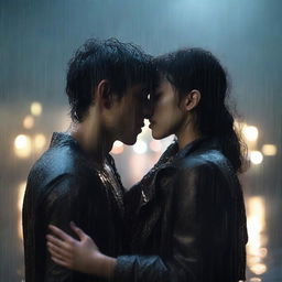 A dark romantic scene of a young man giving a final kiss and hug to a shorter woman under heavy rain on a night