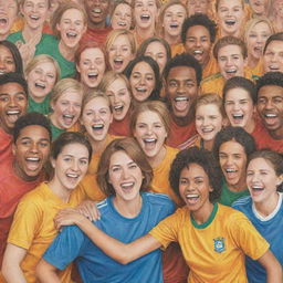 A diverse crowd of soccer team fans, wearing different team colors, happily interacting and building camaraderie, transformed into a vibrant pencil color drawing