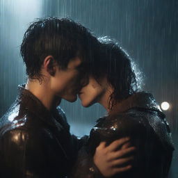 A dark romantic scene of a young man giving a final kiss and hug to a shorter woman under heavy rain on a night