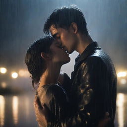 A dark romantic scene of a young man giving a final kiss and hug to a shorter woman under heavy rain on a night