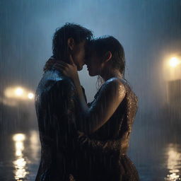 A dark romantic scene of a young man giving a final kiss and hug to a shorter woman under heavy rain on a night