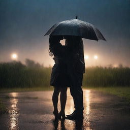 A final kiss and hug between two people under heavy rain on a night