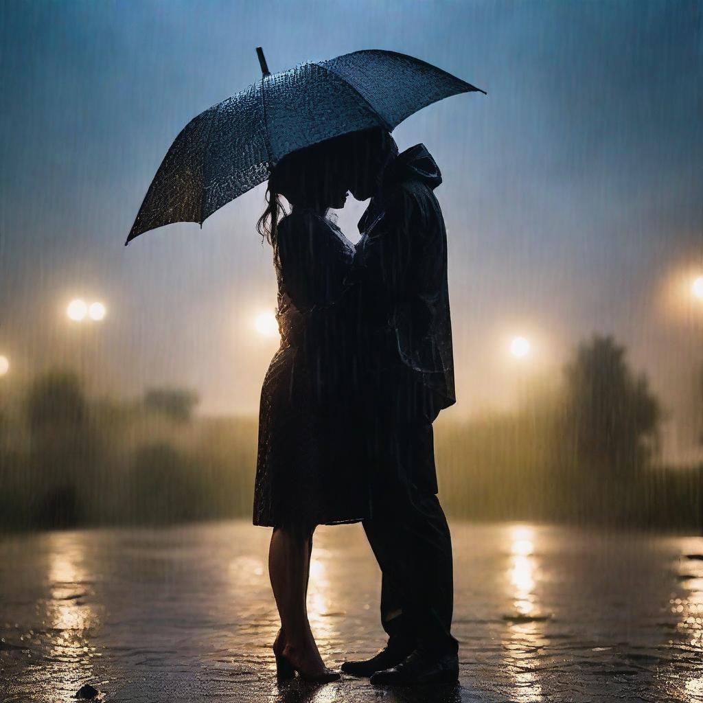 A final kiss and hug between two people under heavy rain on a night