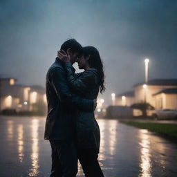 A final kiss and hug between two people under heavy rain on a night