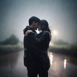 A final kiss and hug between two people under heavy rain on a night