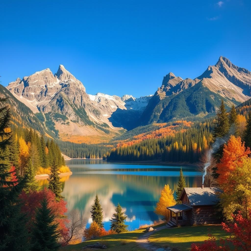 Create a vibrant and colorful landscape featuring a serene lake surrounded by lush forests and majestic mountains under a clear blue sky