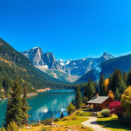 Create a vibrant and colorful landscape featuring a serene lake surrounded by lush forests and majestic mountains under a clear blue sky