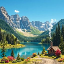 Create a vibrant and colorful landscape featuring a serene lake surrounded by lush forests and majestic mountains under a clear blue sky