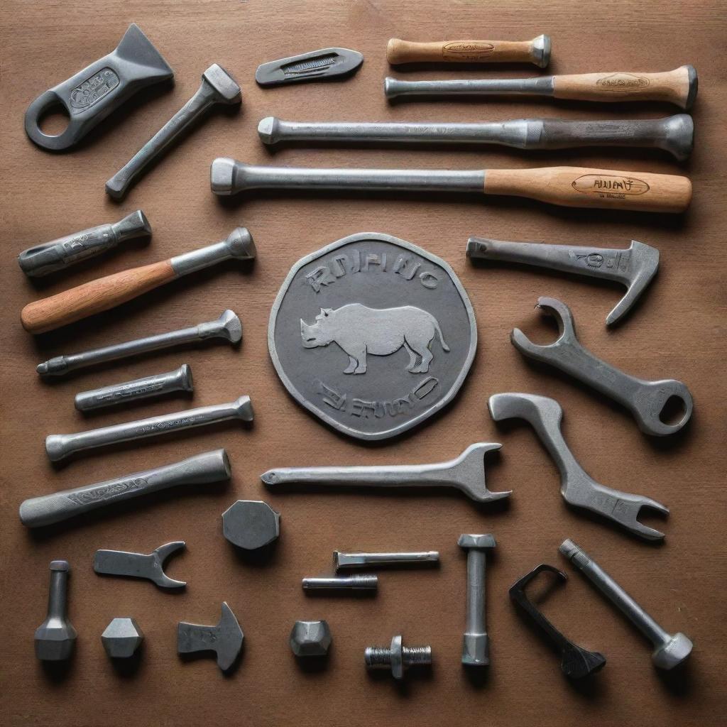 A detailed collection of hardware tools branded with the Rhino logo. Include hammers, screwdrivers, and wrenches, all with an powerful, industrial aesthetic.