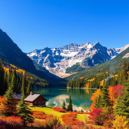 Create a vibrant and colorful landscape featuring a serene lake surrounded by lush forests and majestic mountains under a clear blue sky