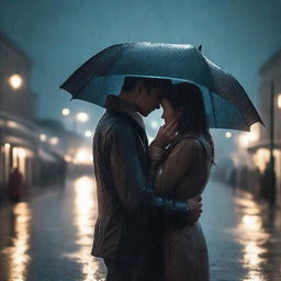 A farewell scene with a final kiss and hug between two people under heavy rain on a night