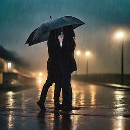 A farewell scene with a final kiss and hug between two people under heavy rain on a night