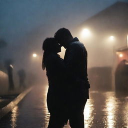 A farewell scene with a final kiss and hug between two people under heavy rain on a night