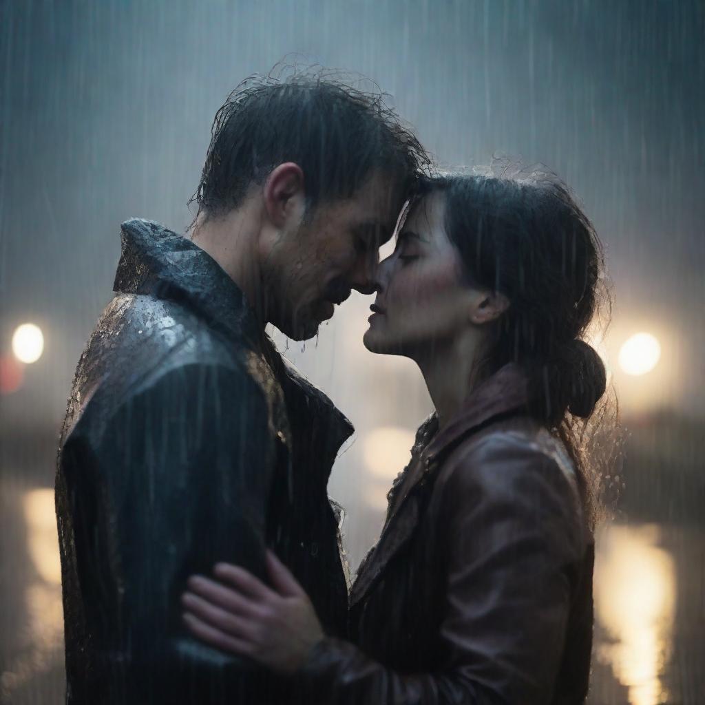 A farewell scene with a final kiss and hug between two people under heavy rain on a night