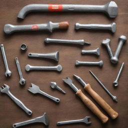 A detailed collection of hardware tools branded with the Rhino logo. Include hammers, screwdrivers, and wrenches, all with an powerful, industrial aesthetic.