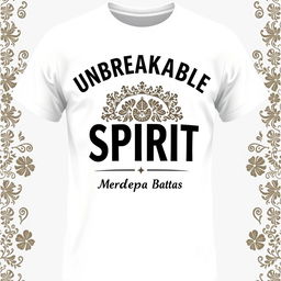 Design a white casual t-shirt that incorporates simple batik patterns with the text 'Unbreakable Spirit - Merdeka Tanpa Batas'