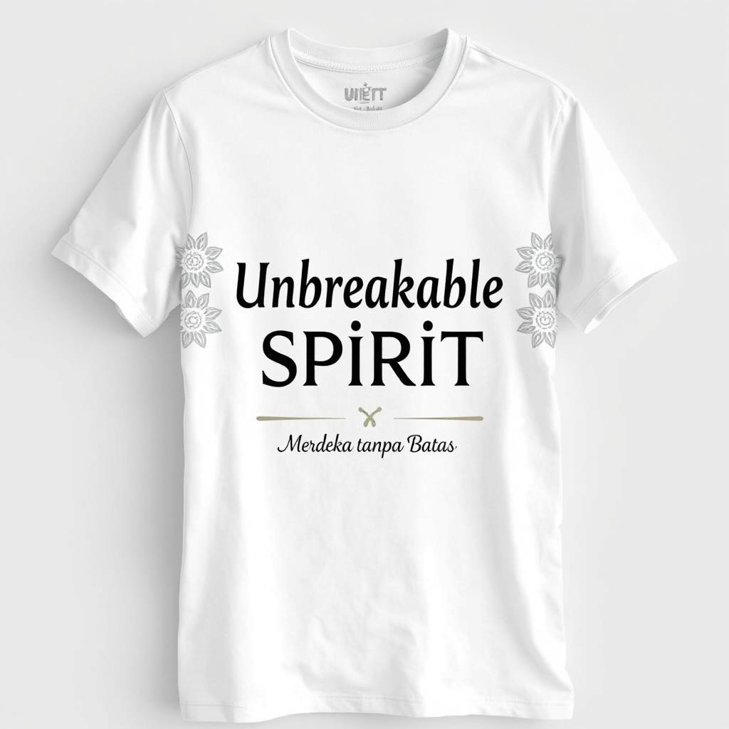 Design a white casual t-shirt that incorporates simple batik patterns with the text 'Unbreakable Spirit - Merdeka Tanpa Batas'