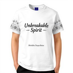 Design a white casual t-shirt that incorporates simple batik patterns with the text 'Unbreakable Spirit - Merdeka Tanpa Batas'