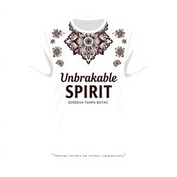 Design a white casual t-shirt that incorporates simple batik patterns with the text 'Unbreakable Spirit - Merdeka Tanpa Batas'