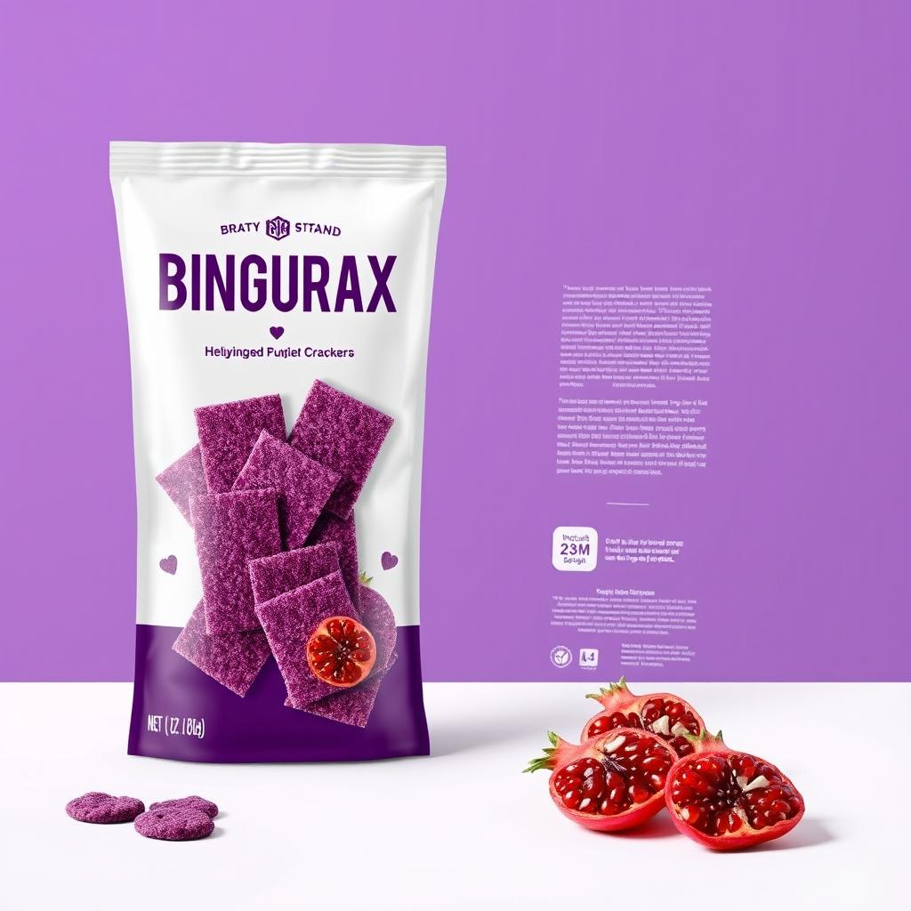 Create a product packaging design for the brand BINGUCRAX with a purple or white background