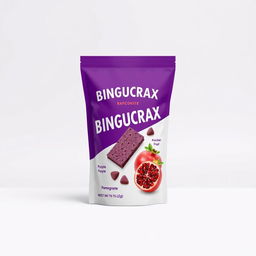 Create a product packaging design for the brand BINGUCRAX with a purple or white background