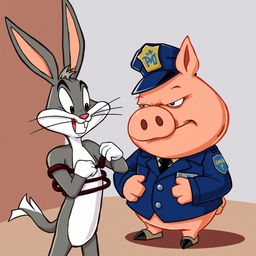 A stylized cartoon depicting Bugs Bunny being arrested by a pig dressed as a police officer