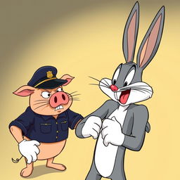 A stylized cartoon depicting Bugs Bunny being arrested by a pig dressed as a police officer