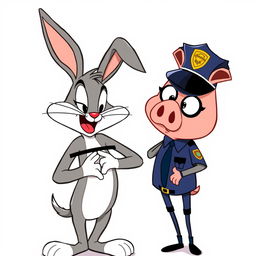 A stylized cartoon depicting Bugs Bunny being arrested by a pig dressed as a police officer