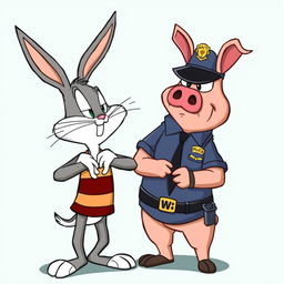 A stylized cartoon depicting Bugs Bunny being arrested by a pig dressed as a police officer