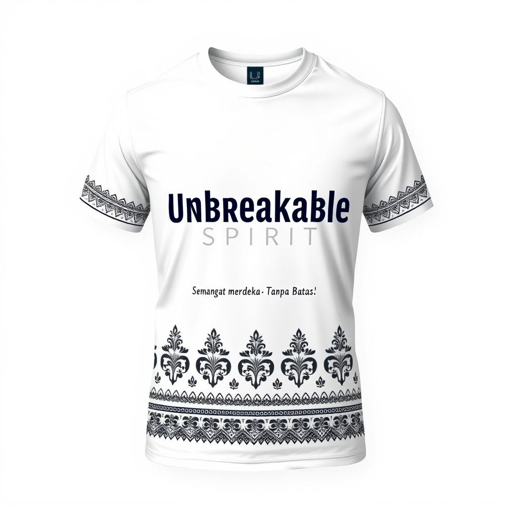 Create a design for a white t-shirt that incorporates simple batik patterns with the text 'Unbreakable Spirit - Merdeka Tanpa Batas'