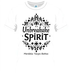 Create a design for a white t-shirt that incorporates simple batik patterns with the text 'Unbreakable Spirit - Merdeka Tanpa Batas'